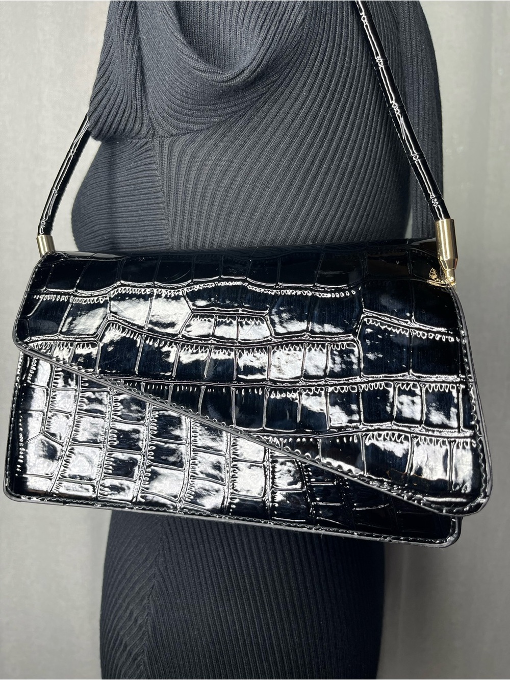 Black Croc-Embossed Patent Shoulder Bag